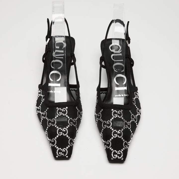Gucci Black Mesh & Suede Crystal GG Kitten Heel Slingbacks Size 36