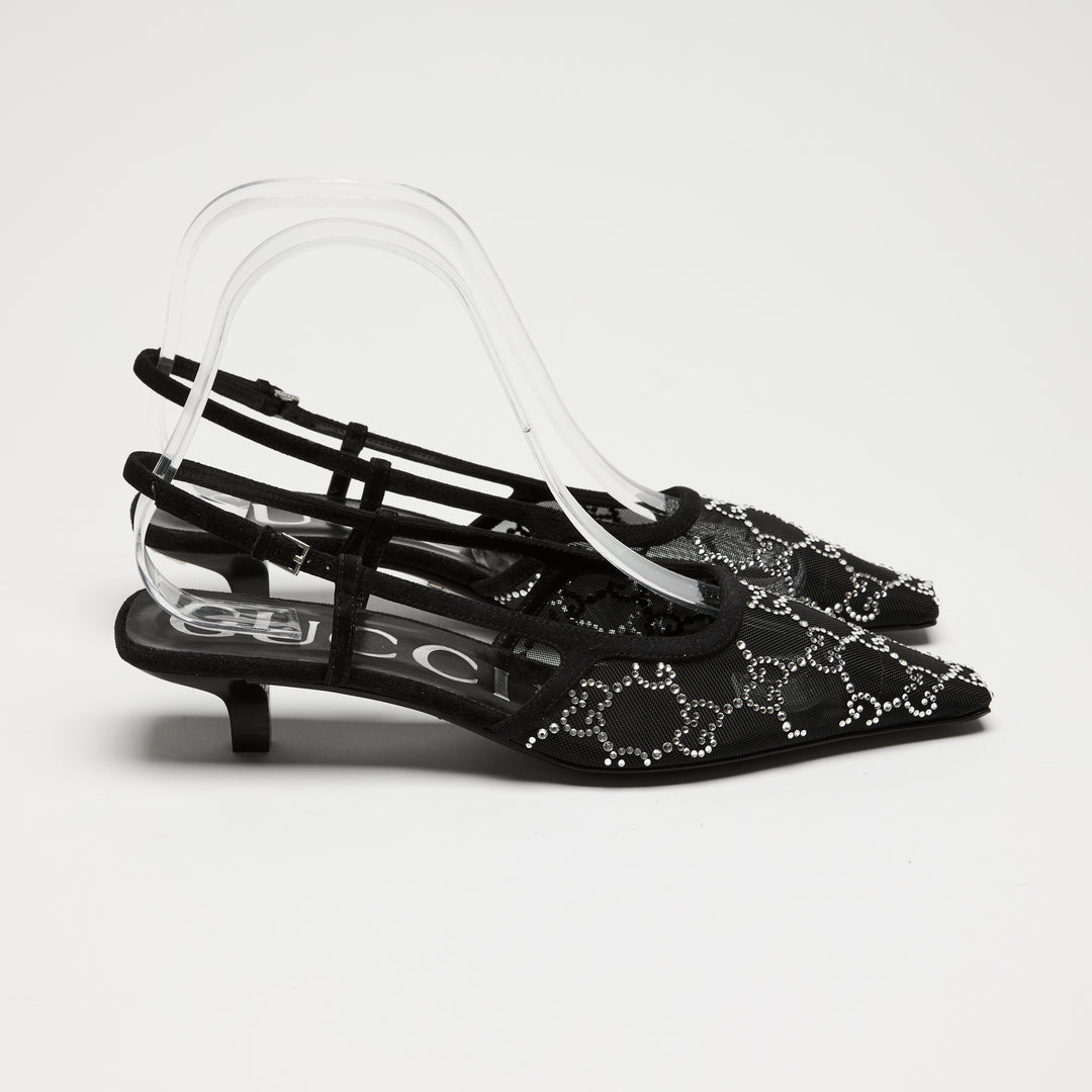 Gucci Black Mesh & Suede Crystal GG Kitten Heel Slingbacks Size 36