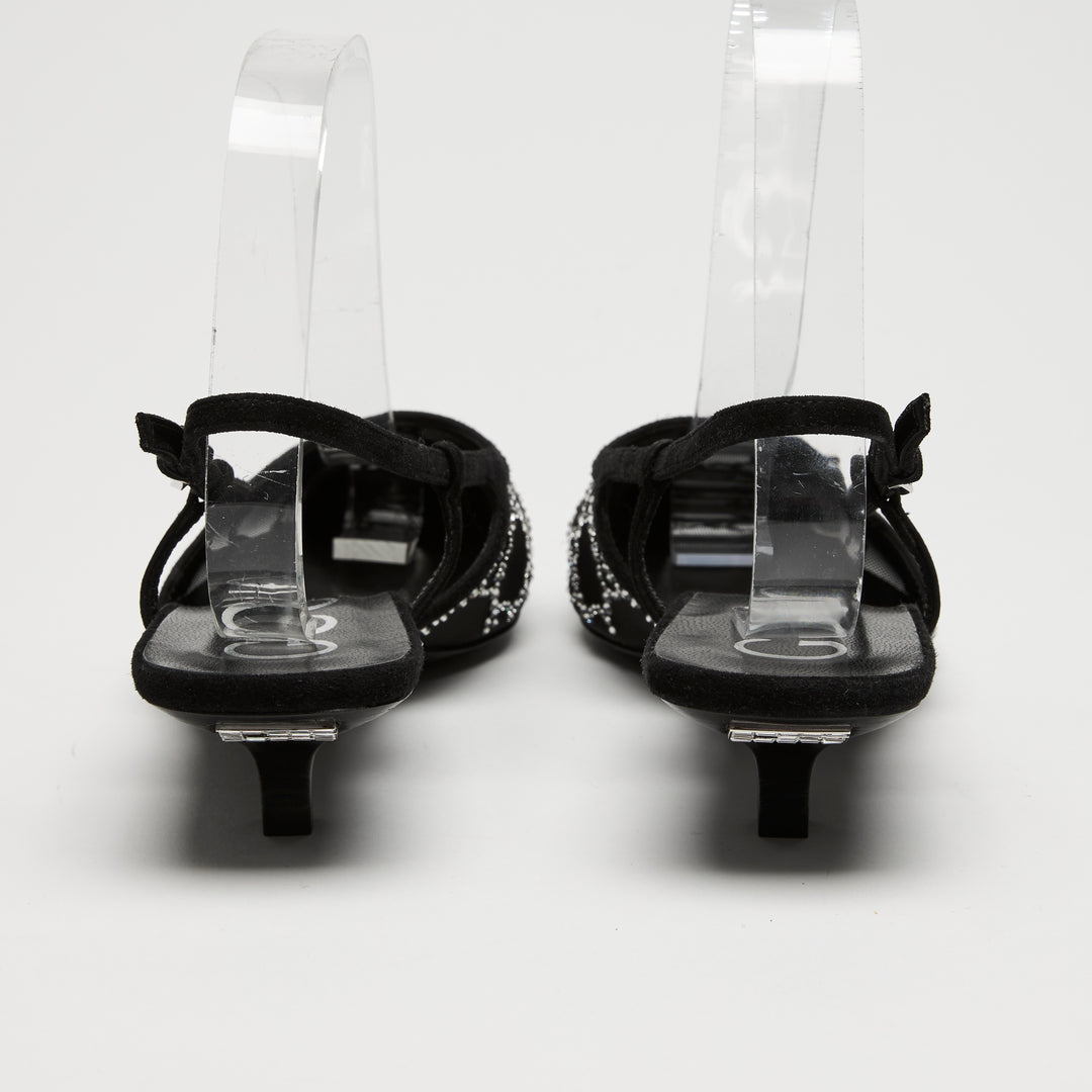 Gucci Black Mesh & Suede Crystal GG Kitten Heel Slingbacks Size 36