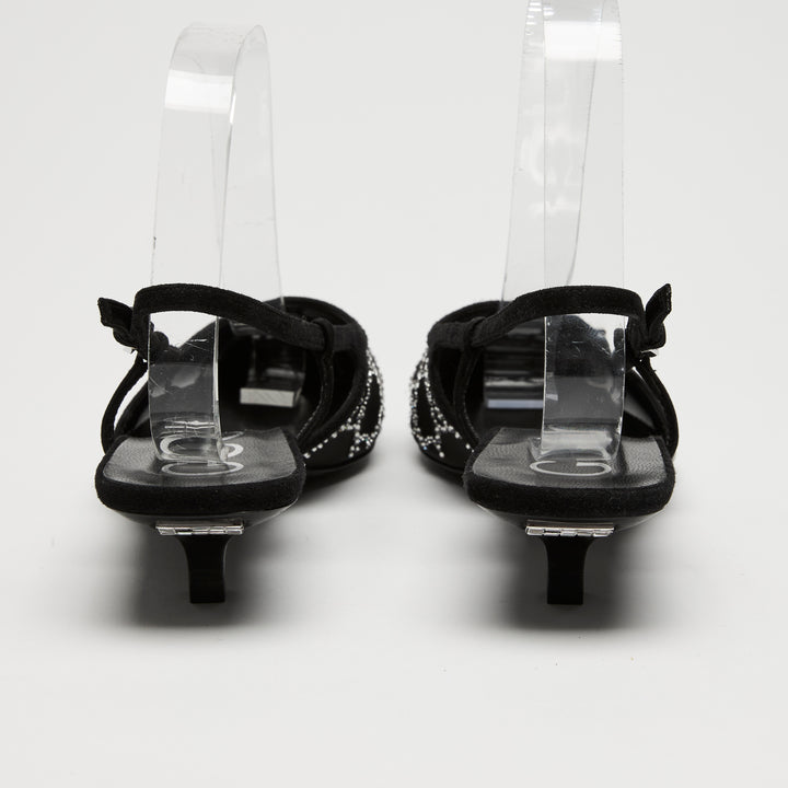 Gucci Black Mesh & Suede Crystal GG Kitten Heel Slingbacks Size 36