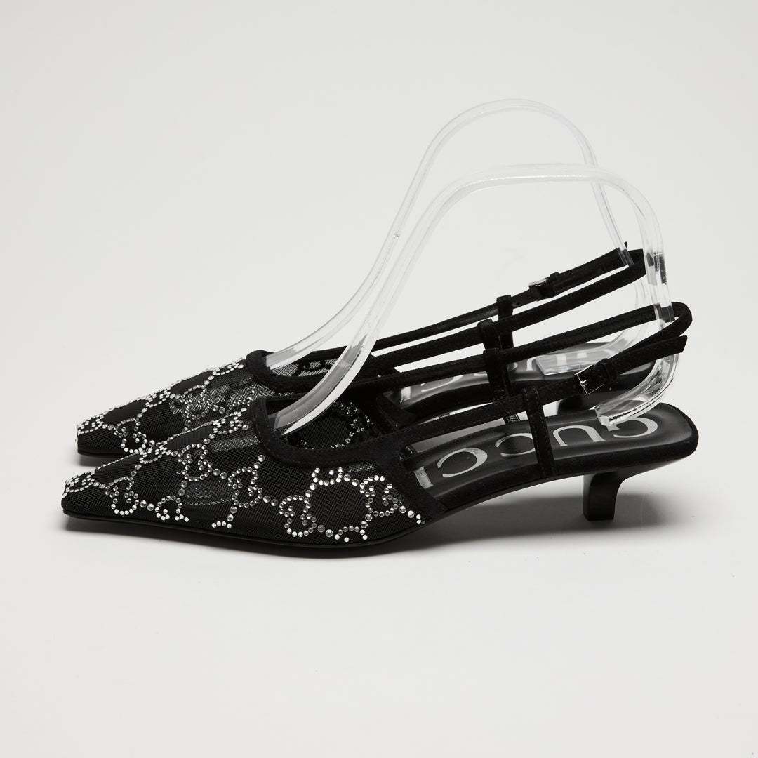 Gucci Black Mesh & Suede Crystal GG Kitten Heel Slingbacks Size 36