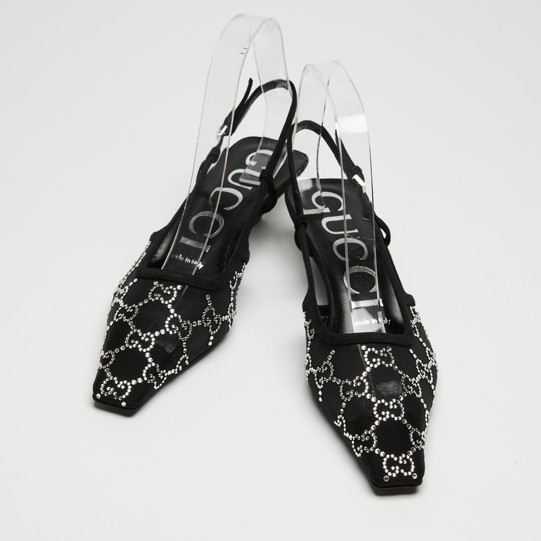 Gucci Black Mesh & Suede Crystal GG Kitten Heel Slingbacks Size 36