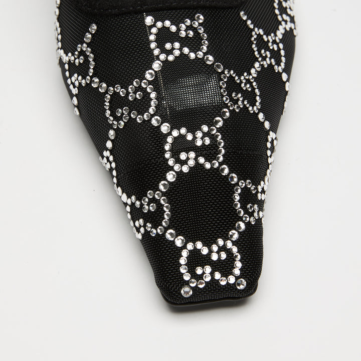 Gucci Black Mesh & Suede Crystal GG Kitten Heel Slingbacks Size 36