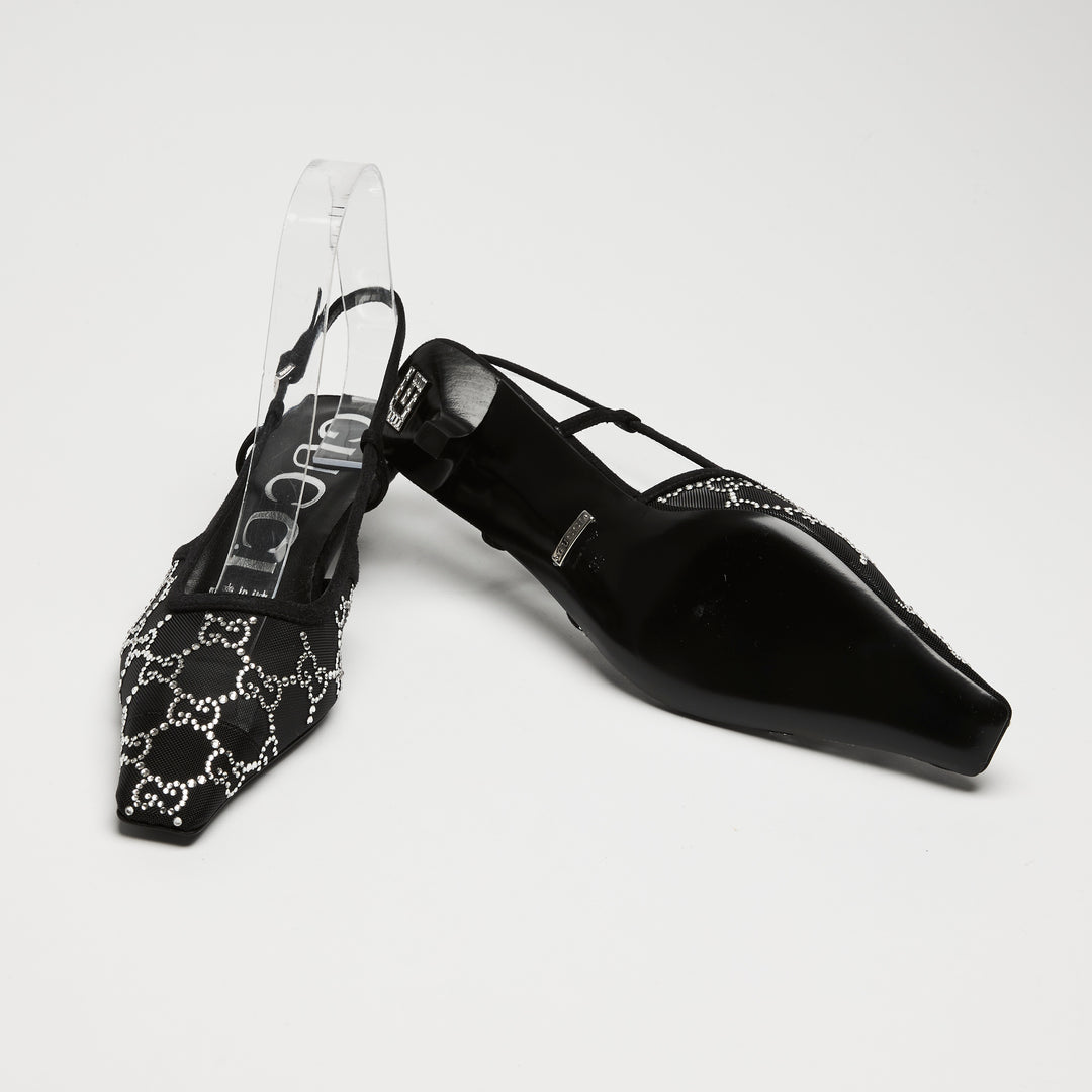 Gucci Black Mesh & Suede Crystal GG Kitten Heel Slingbacks Size 36