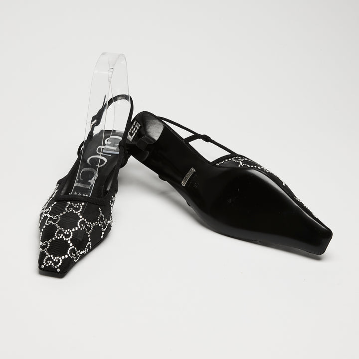 Gucci Black Mesh & Suede Crystal GG Kitten Heel Slingbacks Size 36