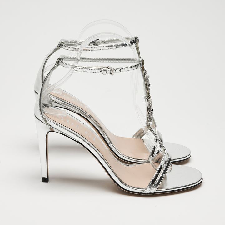Gucci Silver Patent Leather Ankle Strap Sandals Size 37.5