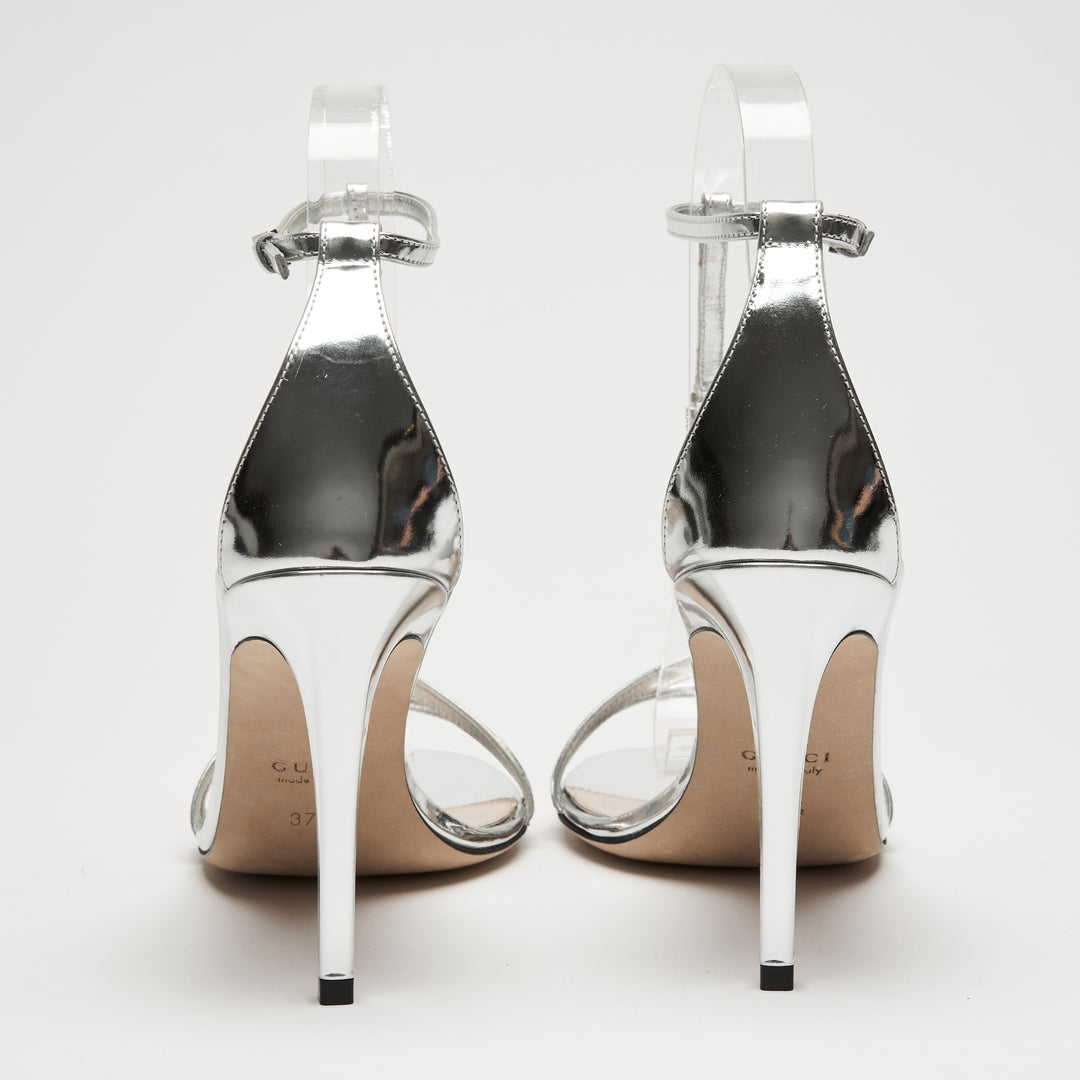 Gucci Silver Patent Leather Ankle Strap Sandals Size 37.5