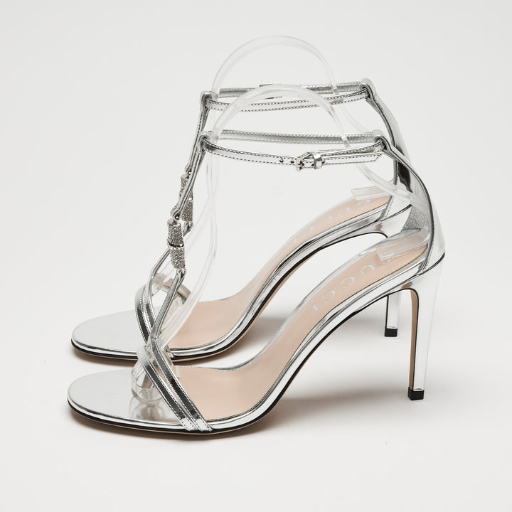 Gucci Silver Patent Leather Ankle Strap Sandals Size 37.5