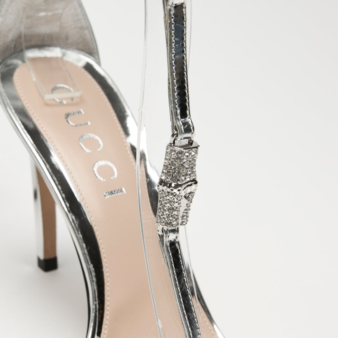 Gucci Silver Patent Leather Ankle Strap Sandals Size 37.5