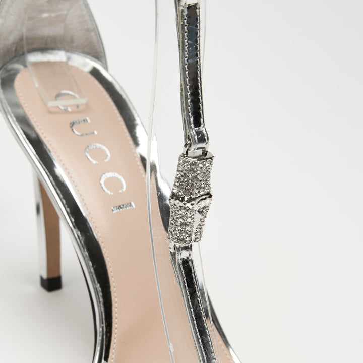 Gucci Silver Patent Leather Ankle Strap Sandals Size 37.5