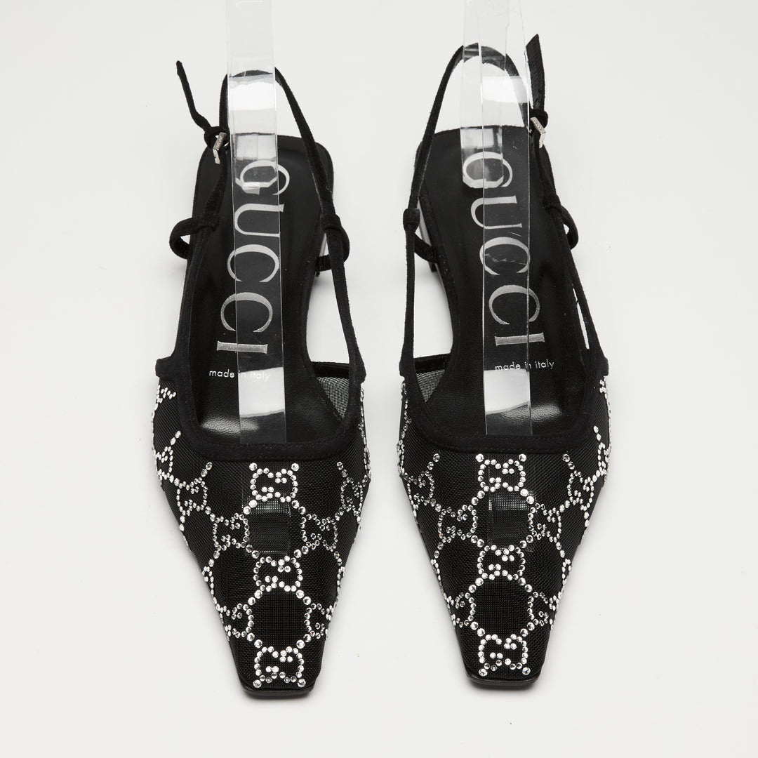 Gucci Black Mesh & Suede Crystal GG Flat Slingbacks Size 37