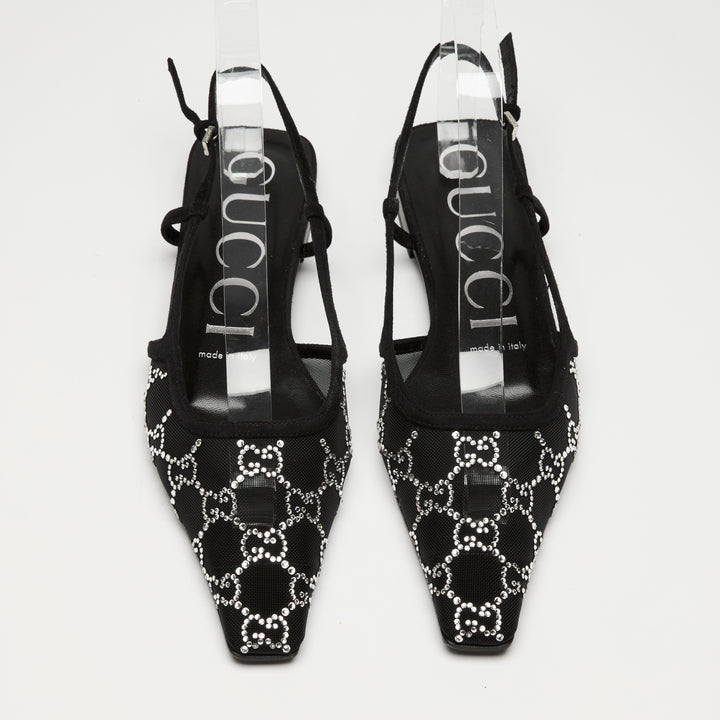 Gucci Black Mesh & Suede Crystal GG Flat Slingbacks Size 37