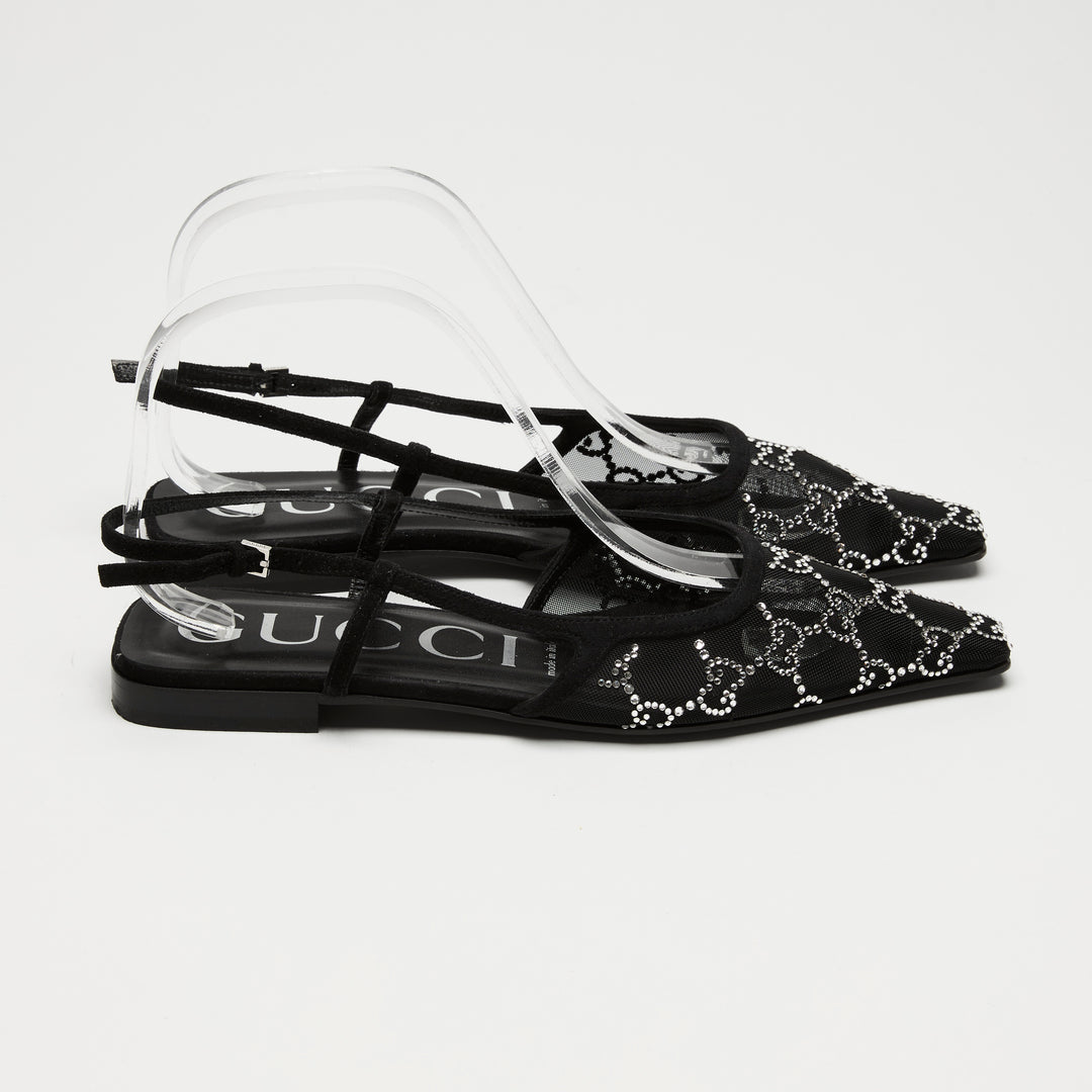 Gucci Black Mesh & Suede Crystal GG Flat Slingbacks Size 37
