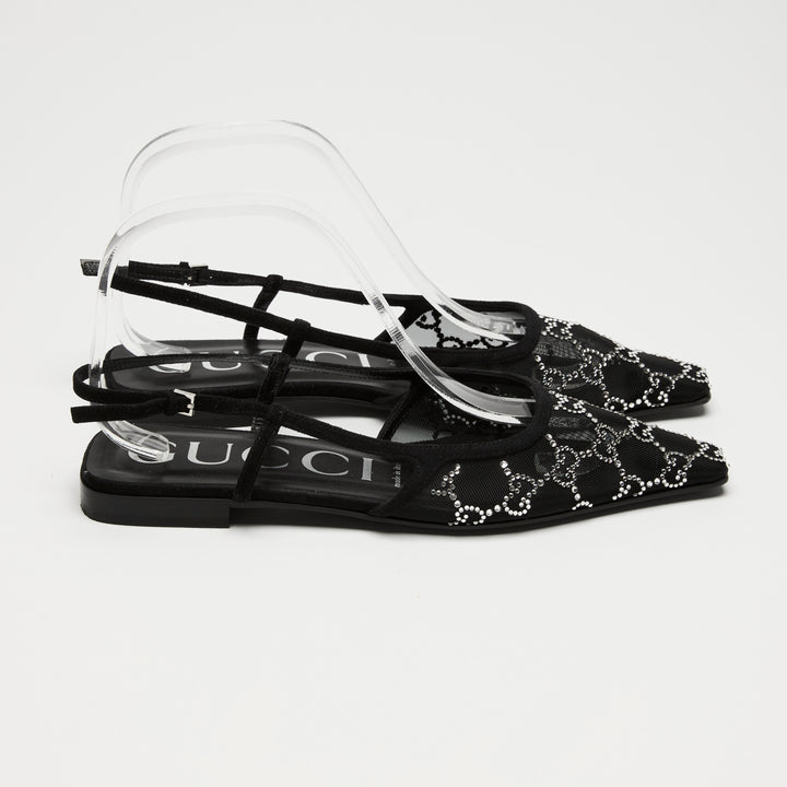 Gucci Black Mesh & Suede Crystal GG Flat Slingbacks Size 37