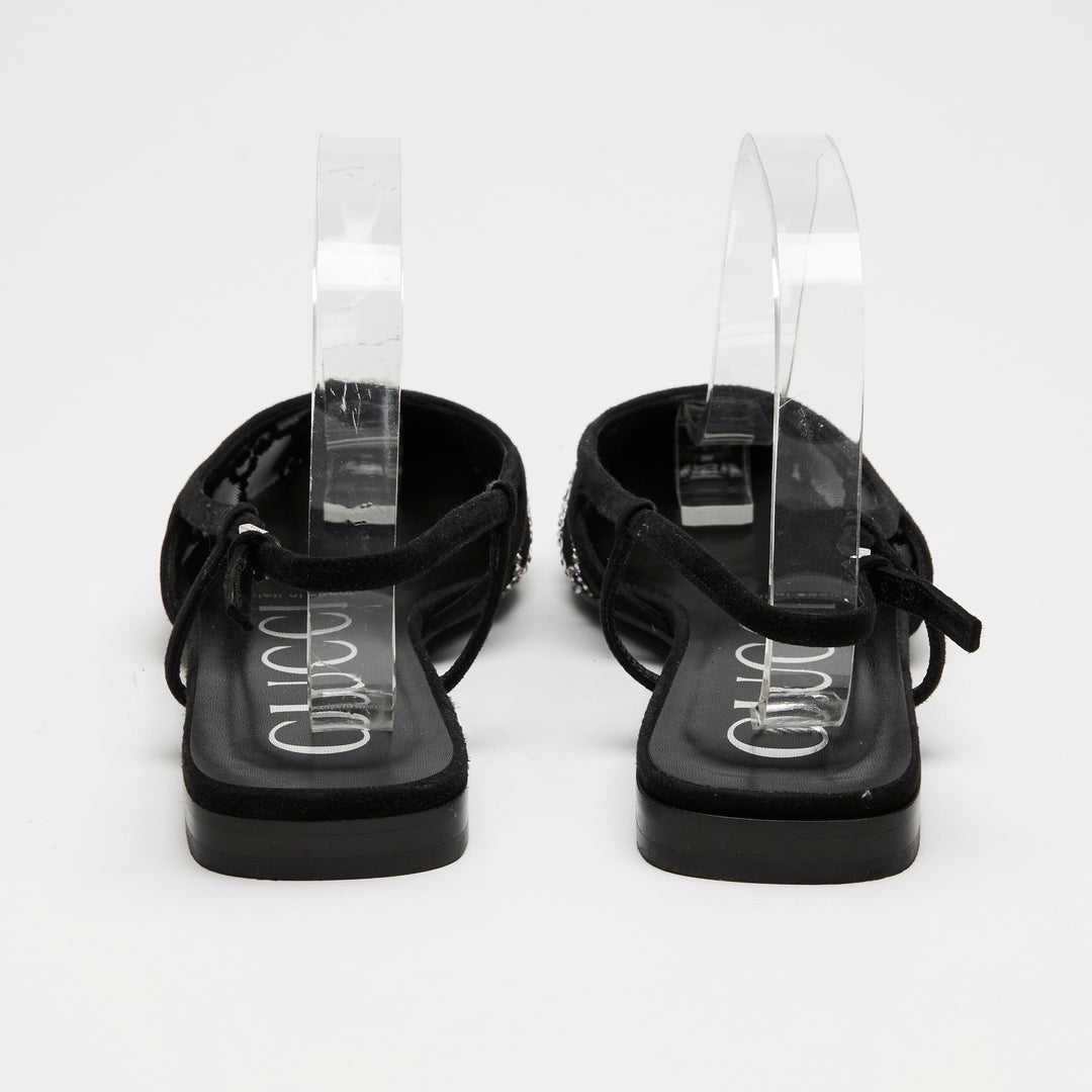 Gucci Black Mesh & Suede Crystal GG Flat Slingbacks Size 37
