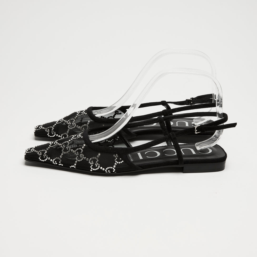 Gucci Black Mesh & Suede Crystal GG Flat Slingbacks Size 37