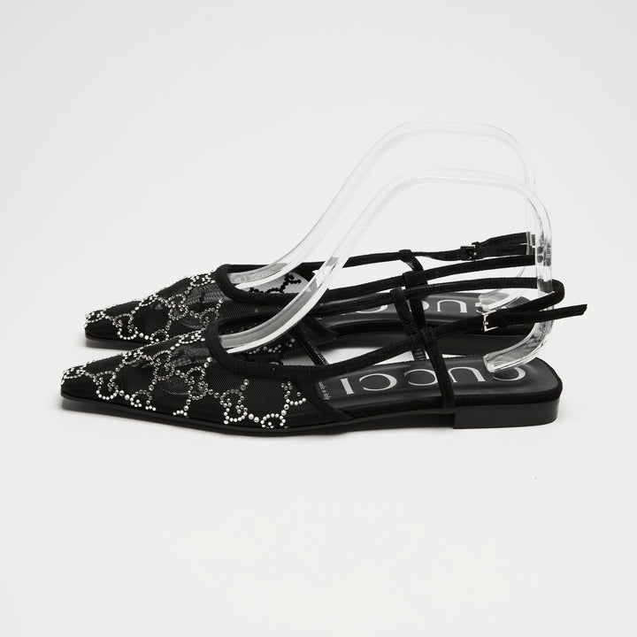 Gucci Black Mesh & Suede Crystal GG Flat Slingbacks Size 37