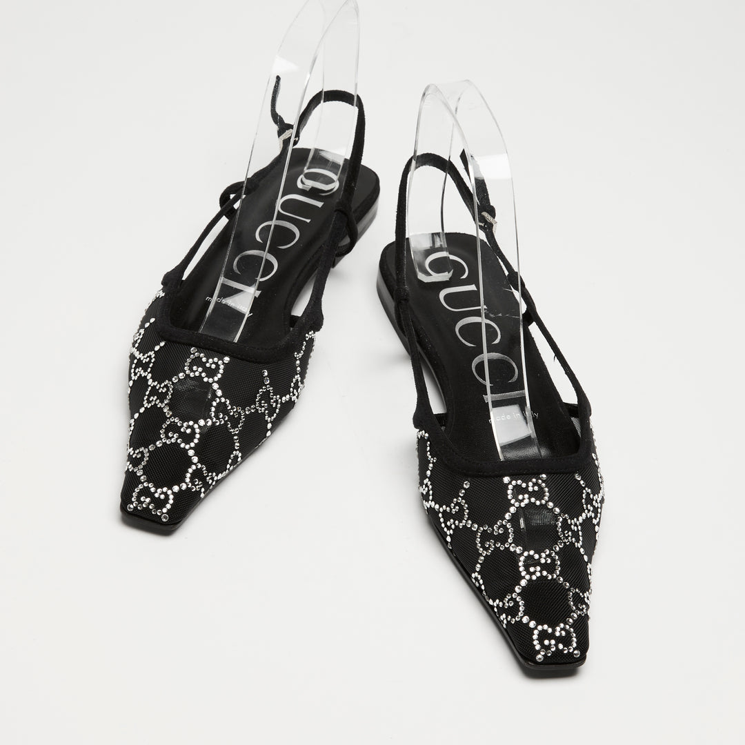 Gucci Black Mesh & Suede Crystal GG Flat Slingbacks Size 37