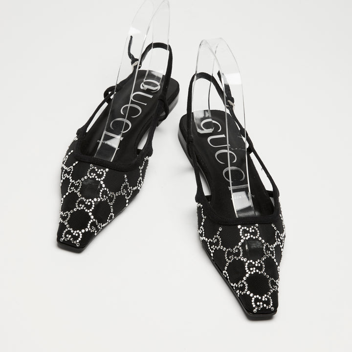 Gucci Black Mesh & Suede Crystal GG Flat Slingbacks Size 37