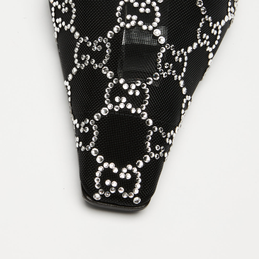 Gucci Black Mesh & Suede Crystal GG Flat Slingbacks Size 37