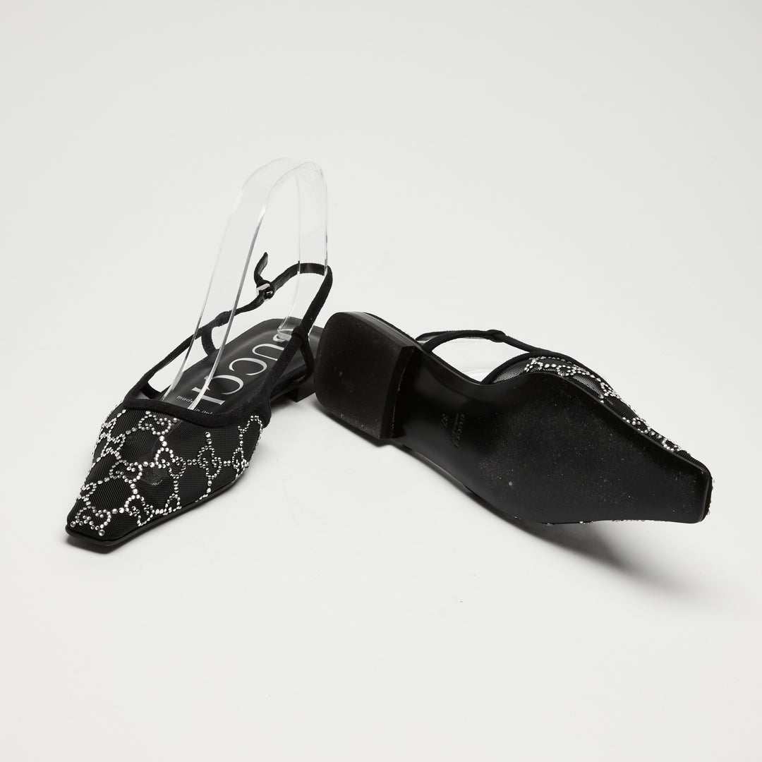 Gucci Black Mesh & Suede Crystal GG Flat Slingbacks Size 37