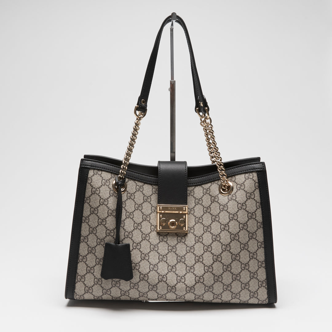 Gucci Beige GG Supreme Canvas Padlock Chain Tote Bag