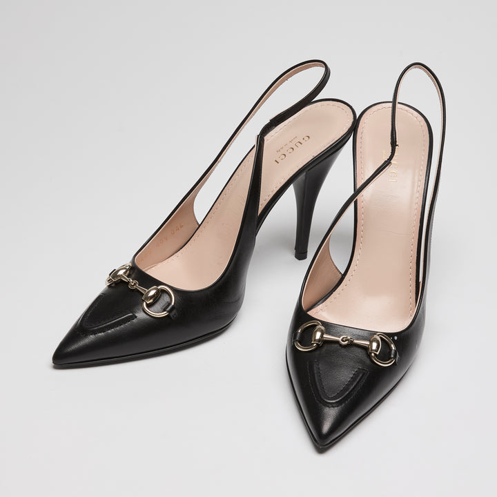 Gucci Black Calf Leather Horsebit Slingbacks Size 40.5