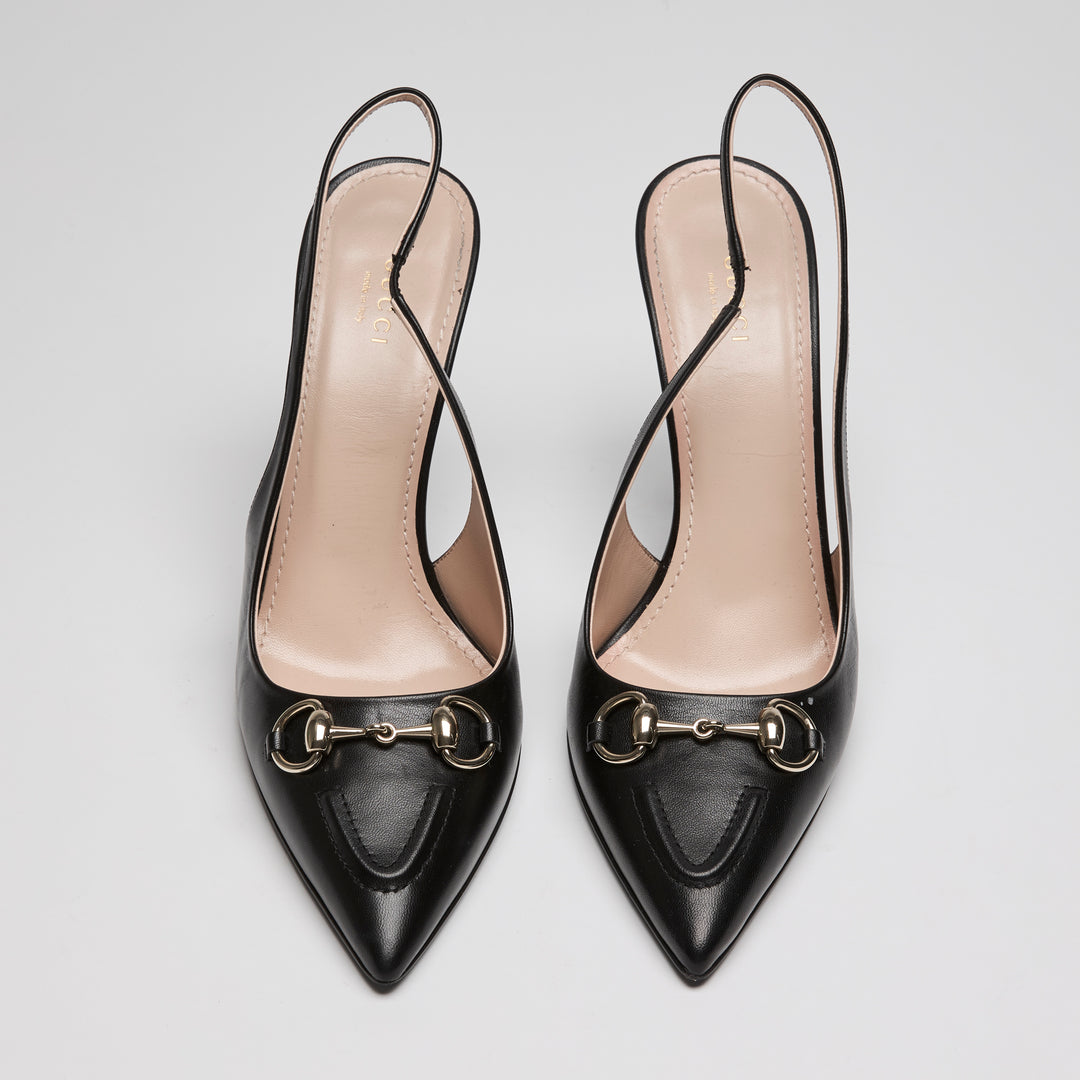 Gucci Black Calf Leather Horsebit Slingbacks Size 40.5