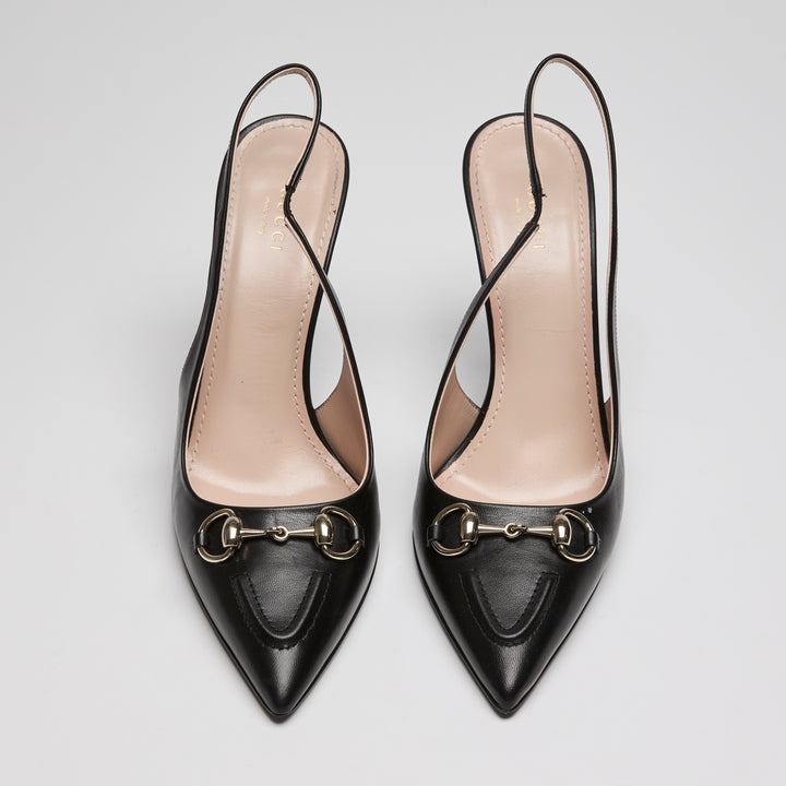 Gucci Black Calf Leather Horsebit Slingbacks Size 40.5