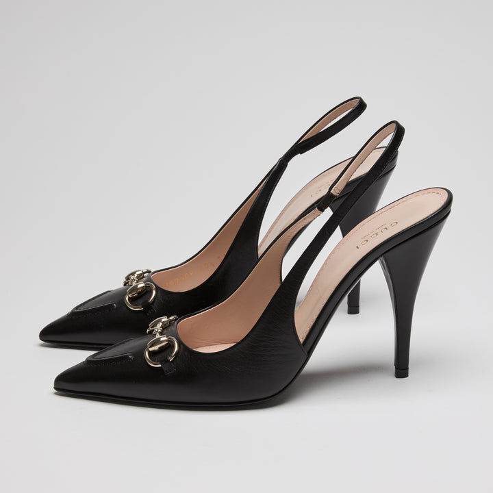Gucci Black Calf Leather Horsebit Slingbacks Size 40.5