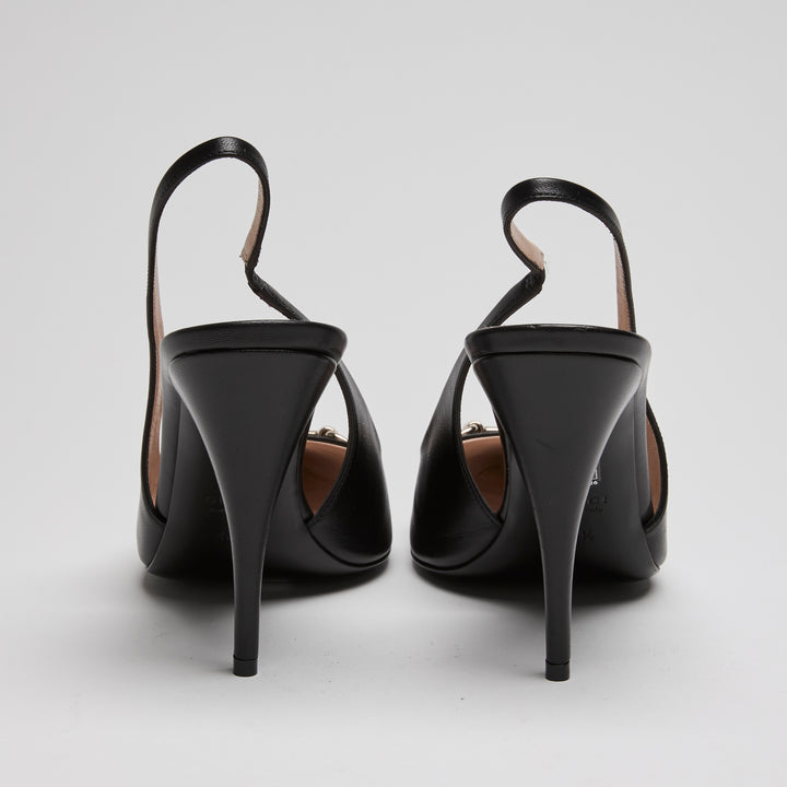 Gucci Black Calf Leather Horsebit Slingbacks Size 40.5