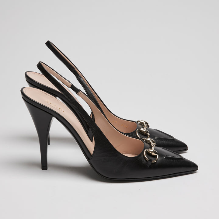 Gucci Black Calf Leather Horsebit Slingbacks Size 40.5