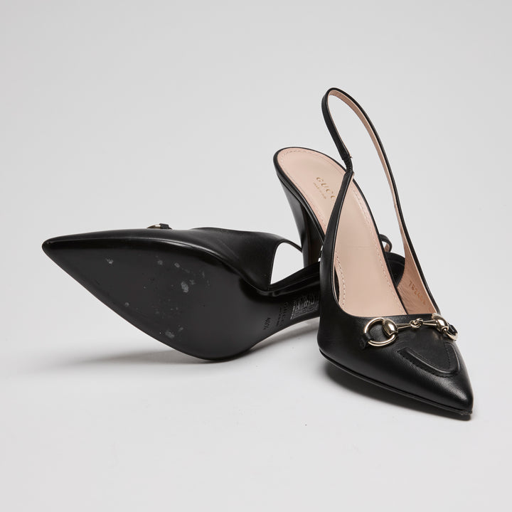 Gucci Black Calf Leather Horsebit Slingbacks Size 40.5