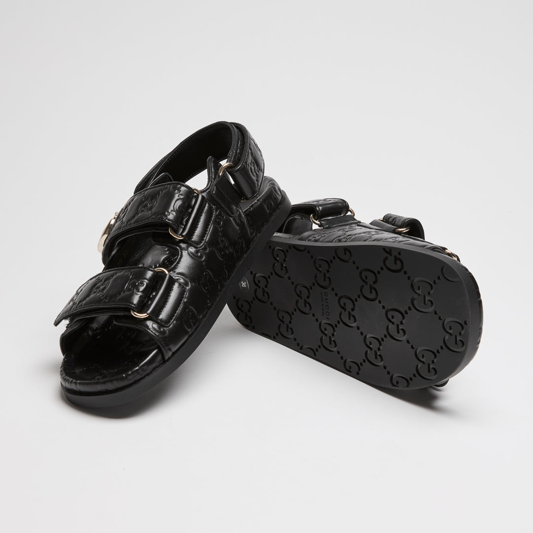 Gucci Black GG Embossed Calf Leather Dad Sandals Size 36