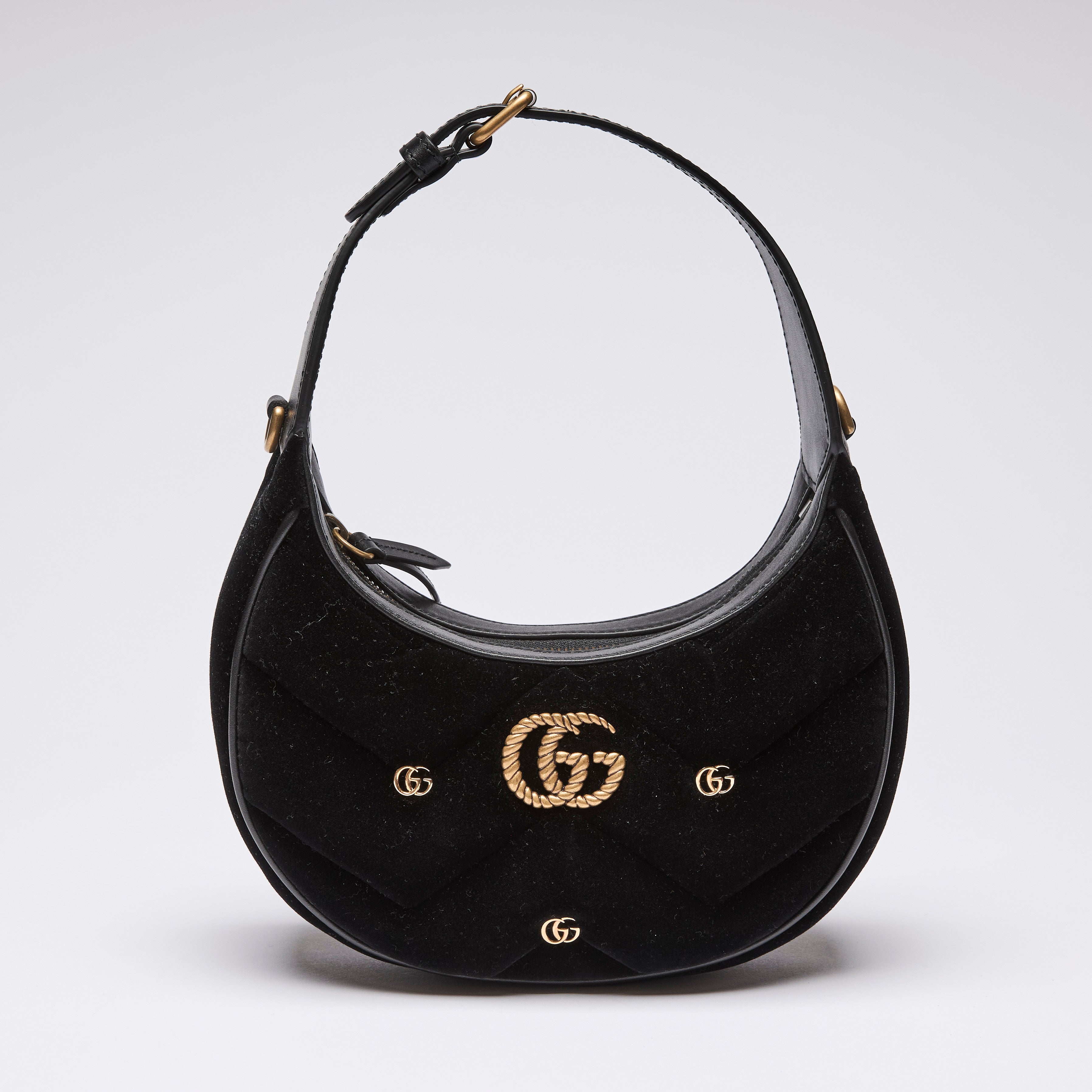 Gucci Black Velvet Matelasse GG Studded Marmont Half Moon Shoulder Bag