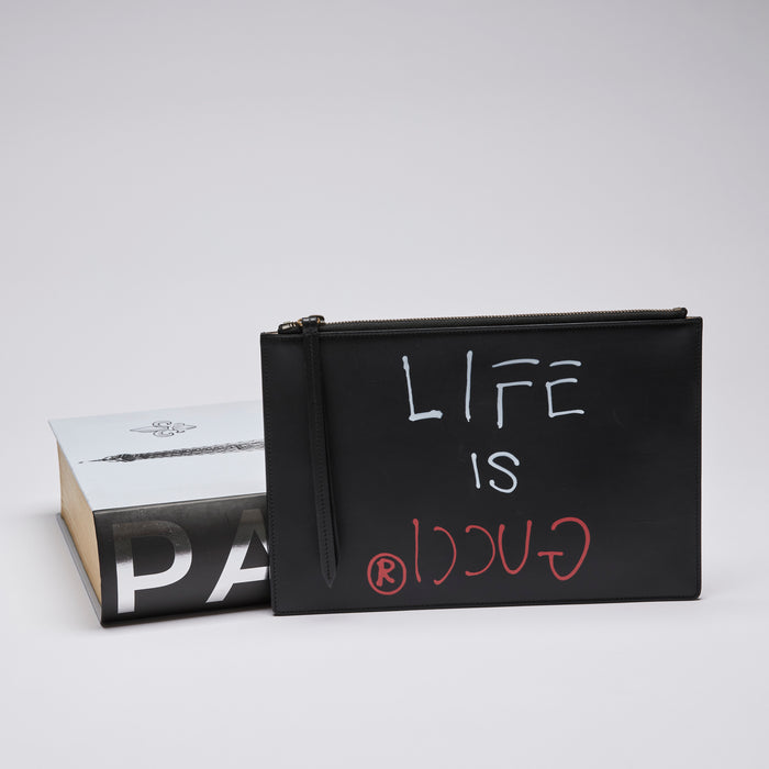 Excellent Pre-Loved Black Smooth Leather Flat Pouch with Graffiti Graphic (Front)