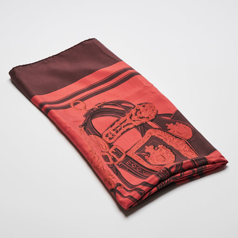 Excellent Pre-Loved Brown and Red Dip Dye Patterned 100% Silk Scarf.  (folded)