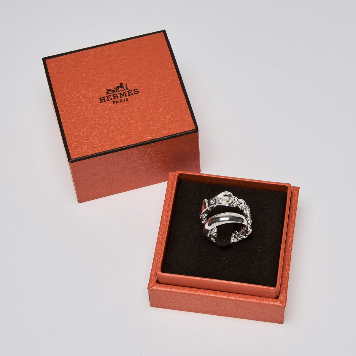 Hermes Sterling Silver Boucle Sellier Inflexible Ring Large Model Size 54