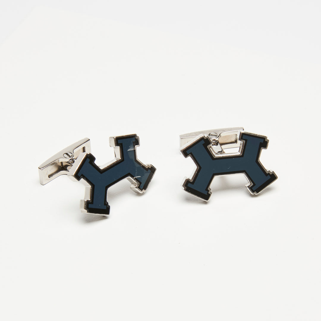 Hermes Navy Blue Lacquered Palladium Plated Street H Cuff Links
