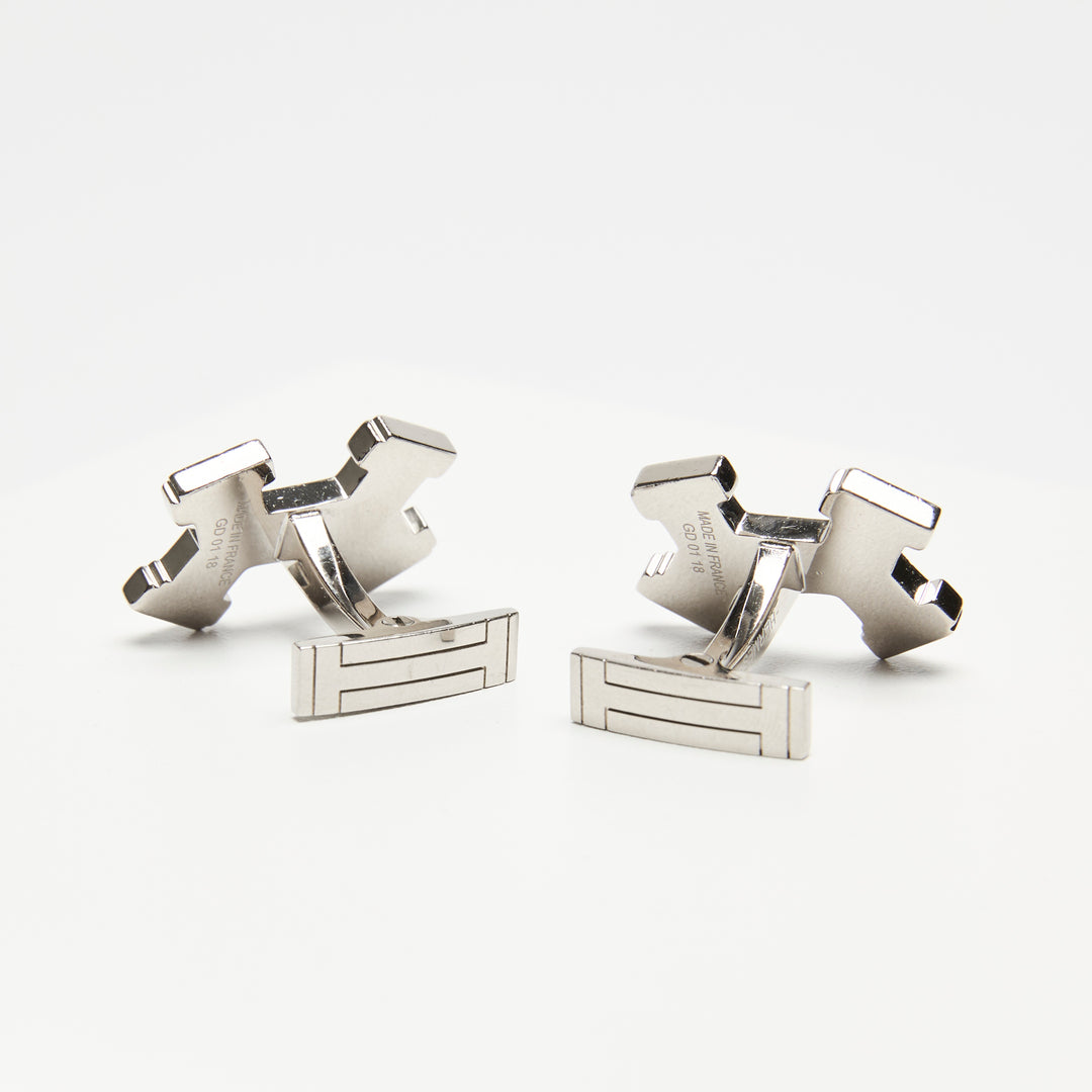 Hermes Navy Blue Lacquered Palladium Plated Street H Cuff Links