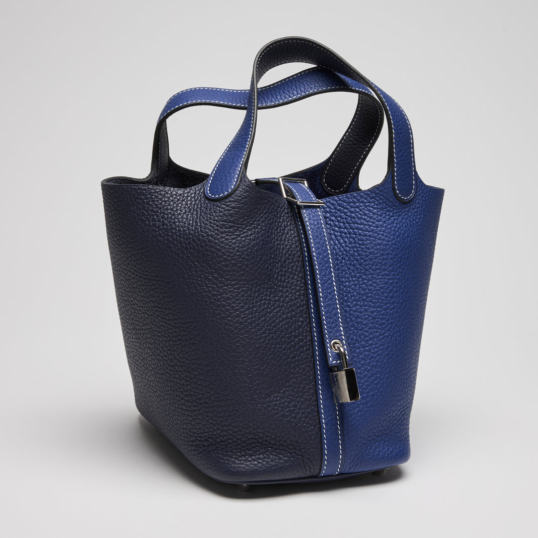 Hermes Blue Electrique & Blue Encre Clemence Leather Picotin 18