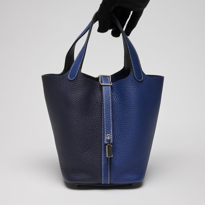 Hermes Blue Electrique & Blue Encre Clemence Leather Picotin 18