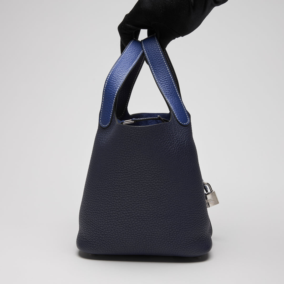 Hermes Blue Electrique & Blue Encre Clemence Leather Picotin 18