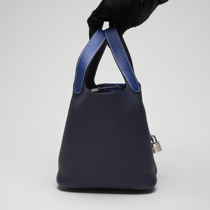 Hermes Blue Electrique & Blue Encre Clemence Leather Picotin 18