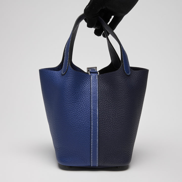 Hermes Blue Electrique & Blue Encre Clemence Leather Picotin 18