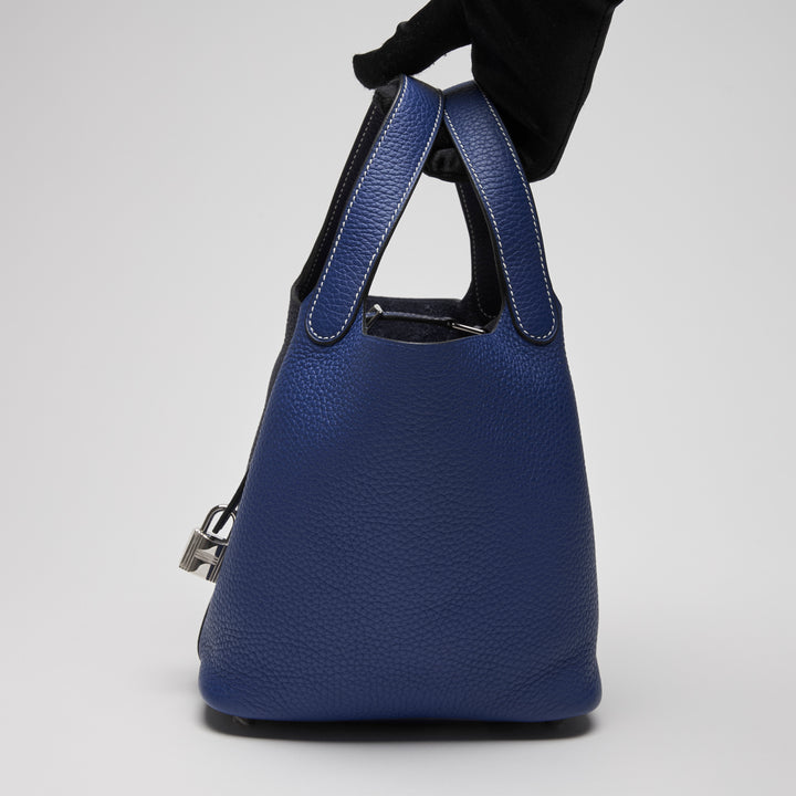 Hermes Blue Electrique & Blue Encre Clemence Leather Picotin 18
