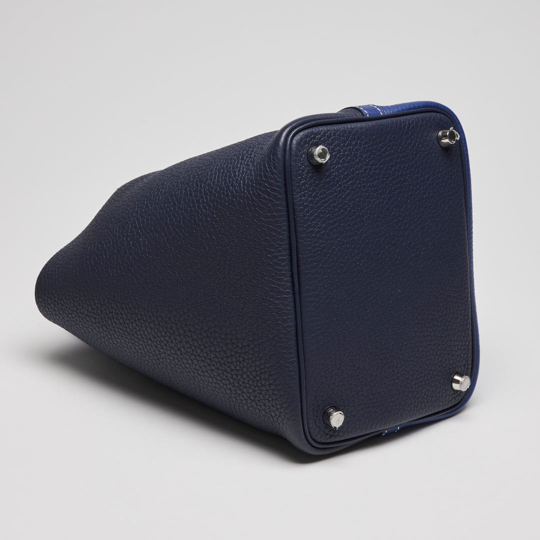 Hermes Blue Electrique & Blue Encre Clemence Leather Picotin 18