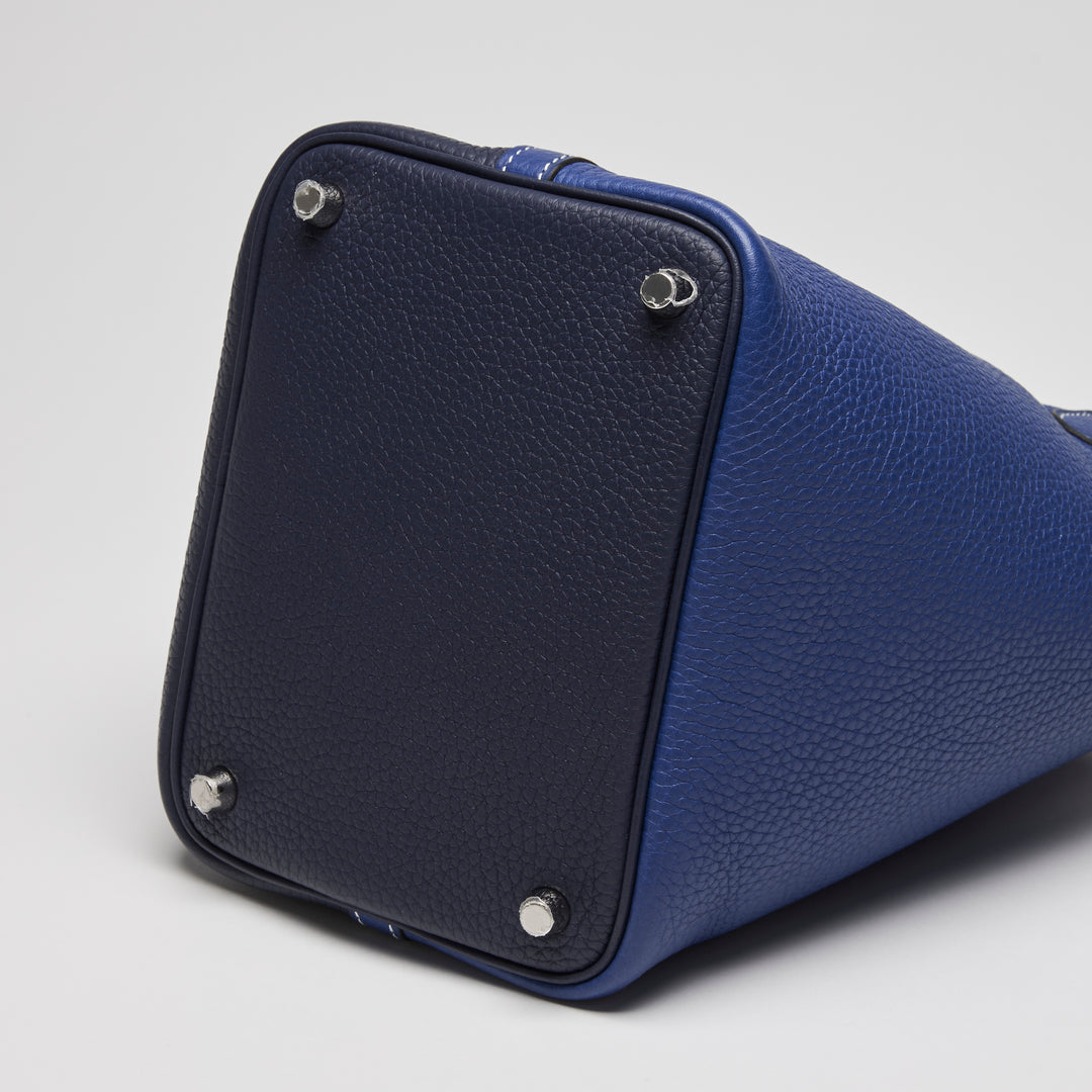Hermes Blue Electrique & Blue Encre Clemence Leather Picotin 18