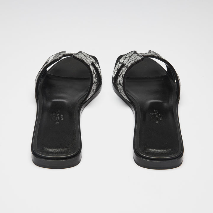 Excellent Pre-Loved Black Leather Sandals with Silver Embroidered Upper. (back)