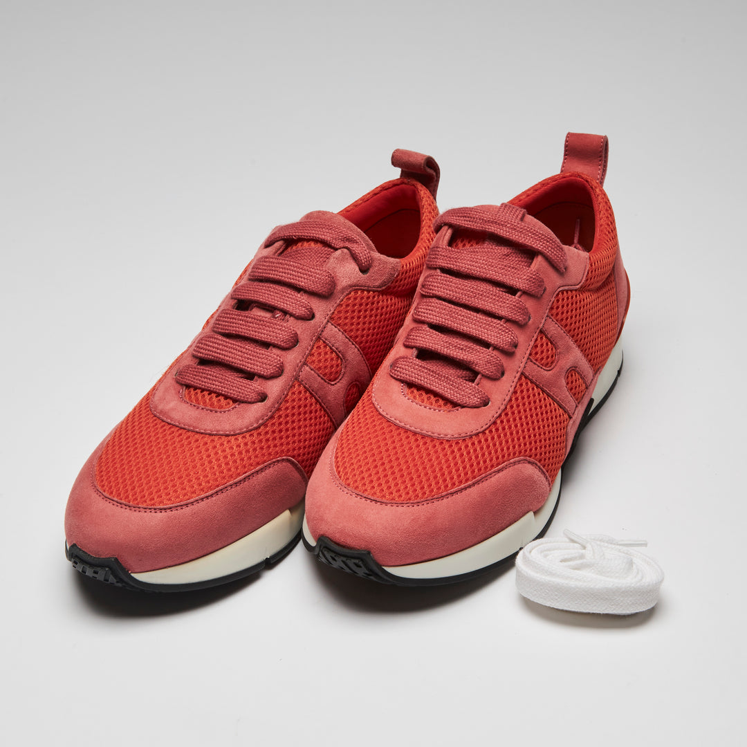Excellent Pre-Loved Pink Suede and Coral Mesh Sneakers. (front)